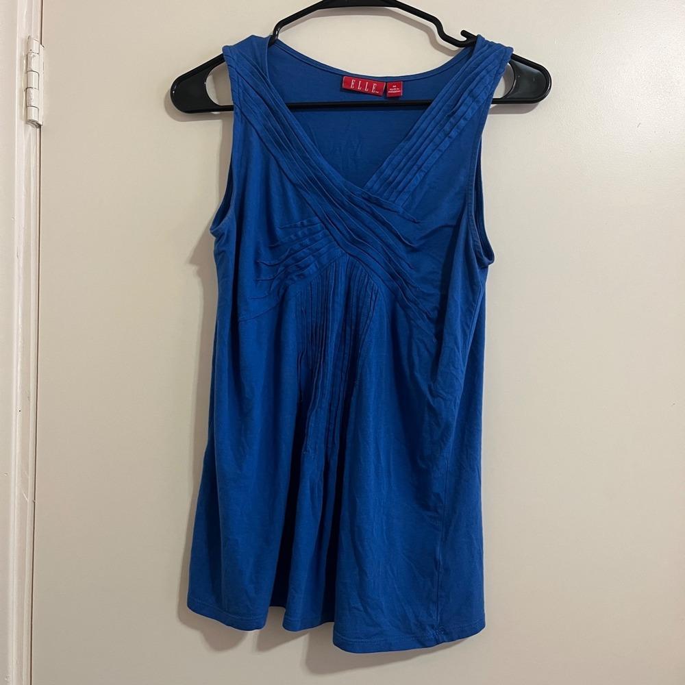 ELLE Women Pintuck Pleated V-Neck Sleeveless‎ Top Medium Blue Draped Office Work